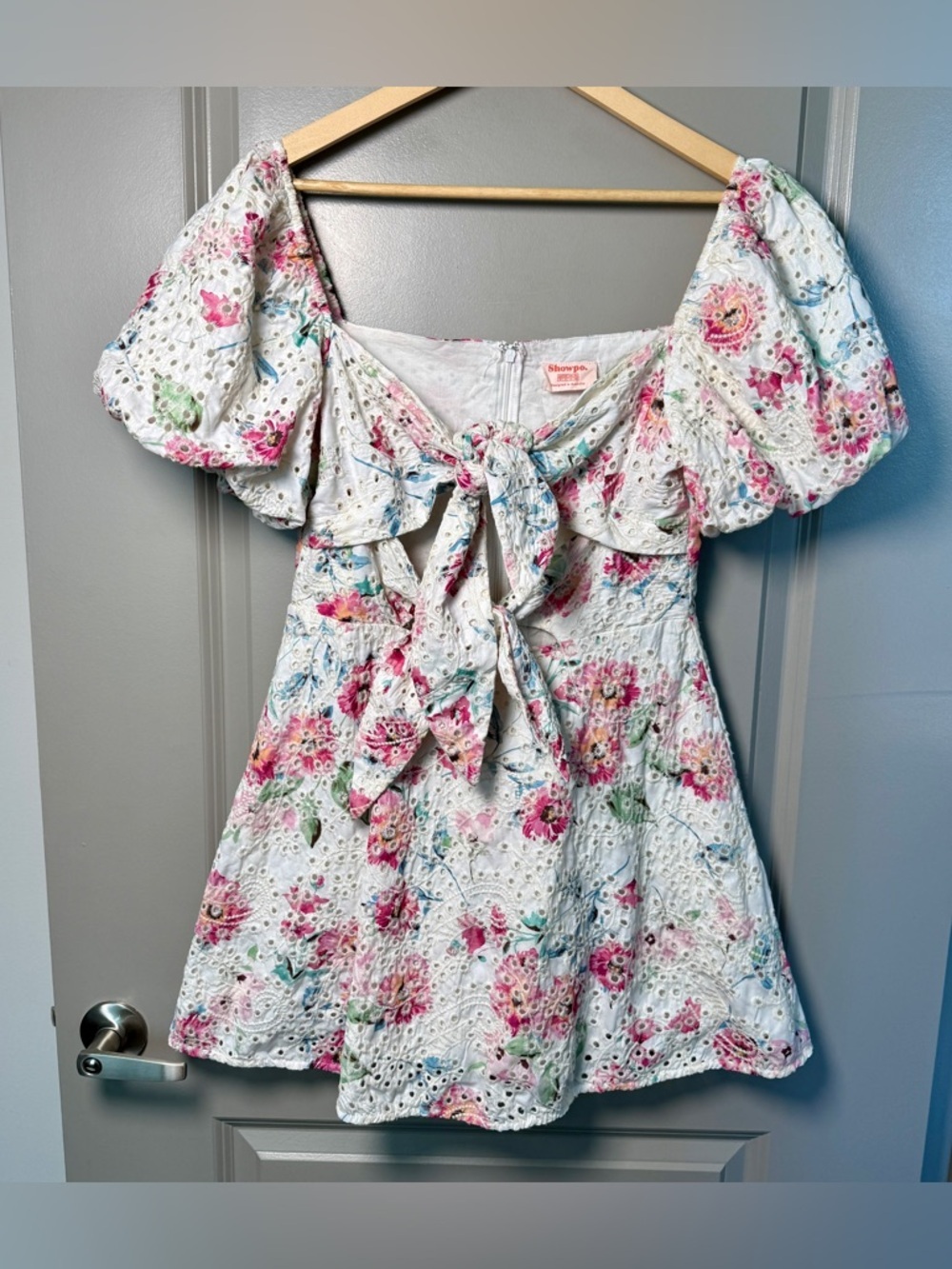 Showpo | Floral Eyelet Puff Sleeve Cottagecore Cotton Tie-Front Mini Dress | 8